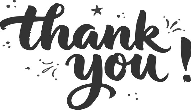 Black hand lettered thank you typography with ink splatters and star. Thank you. Handwritten lettering phrases with modern design.