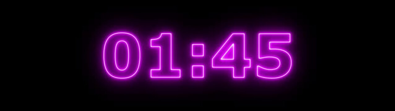 Neon 1 minute 55 second countdown animation from 105 seconds to 0 seconds on a transparent background, Neon One minute 55 second countdown timer with alpha channel 