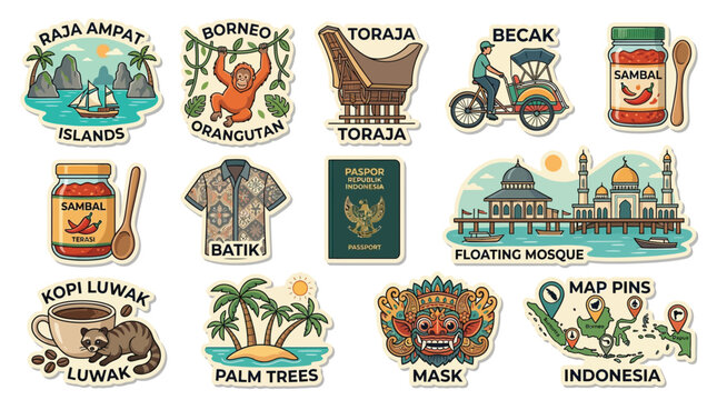 Collection of Indonesian cultural icons and landmarks, including Raja Ampat, orangutan, Toraja, becak, sambal, batik, passport, floating mosque, kopi luwak, palm trees, mask, and map pins.