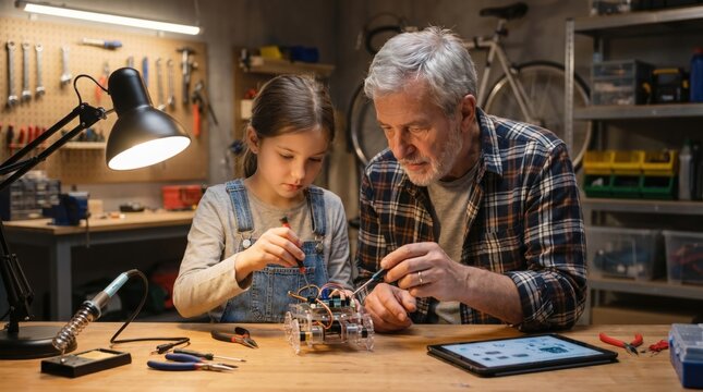 Grandfather and young granddaughter assembling a robotic car together at workbench in home garage