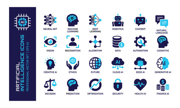 Artificial intelligence icons set featuring machine learning, deep learning, neural network, robotics, chatbot, automation, cloud computing, and future technology vector elements.
