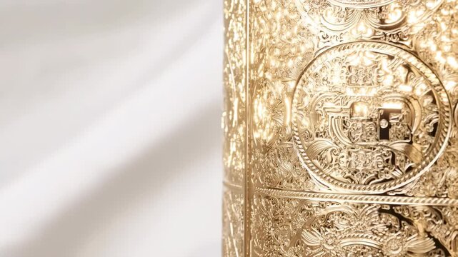 Golden Tibetan prayer wheel spinning in a meditative close-up shot