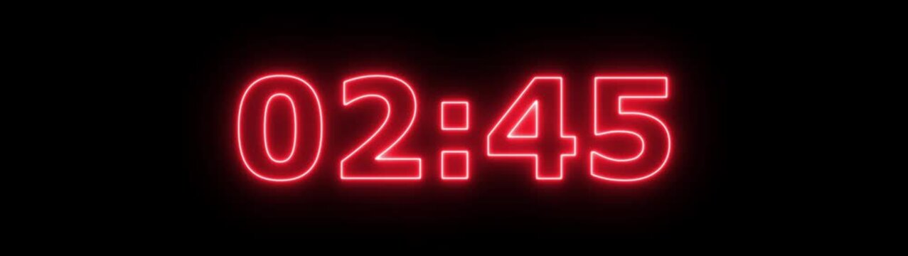 Abstract glowing neon 3 minute countdown animation from 180 seconds to 0 seconds on a black background.Neon three minute countdown timer.