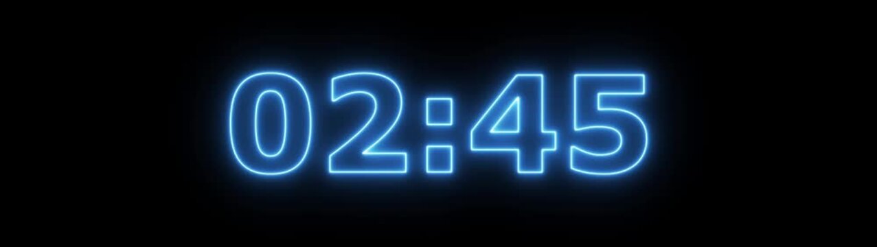 Abstract glowing neon 3 minute countdown animation from 180 seconds to 0 seconds on a black background.Neon three minute countdown timer.