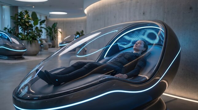 Woman relaxing inside futuristic glowing hyperbaric wellness pod during advanced recovery therapy session