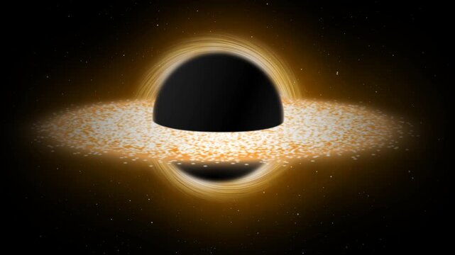 Cosmic black hole with a glowing golden accretion disk of stars and space dust. Deep space astronomical science event horizon animation on a transparent alpha channel background