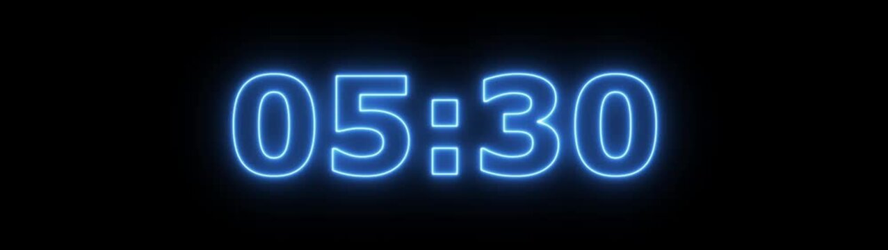Abstract glowing neon 6 minute countdown animation from 360 seconds to 0 seconds on a black background.Neon three minute countdown timer.