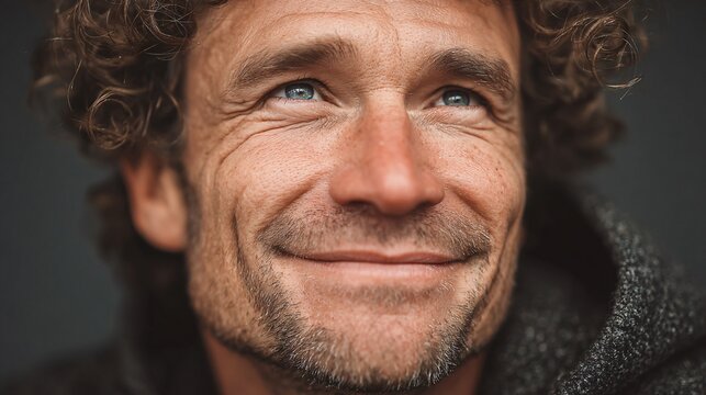 Close-up portrait of smiling man with curly hair in natural light