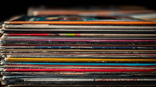 Close-up of stacked vinyl records with colorful edges on black background