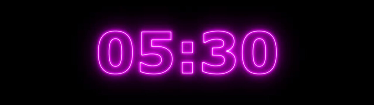 Abstract glowing neon 6 minute countdown animation from 360 seconds to 0 seconds on a black background.Neon three minute countdown timer.