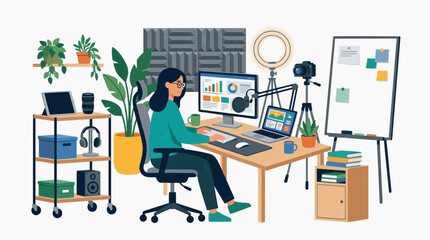 Fototapeta premium Woman working at a desk with computer, microphone, ring light, and camera in a home studio setup