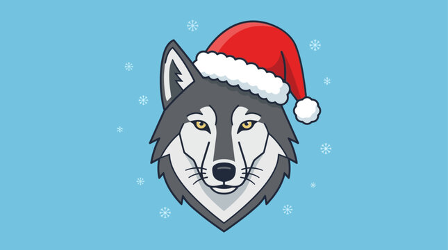 Wolf Wearing Santa Hat Christmas Animal Portrait Vector Illustration