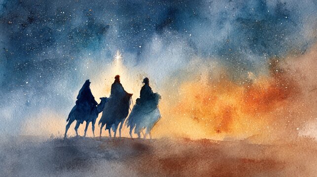 Silhouettes of Three Wise Men Traveling Through Desert At Dawn With Starry Sky