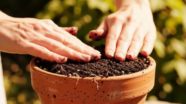 Close up of female hands gently pressing soil into a terracotta pot for home gardening and planting hobbyist activities in a
