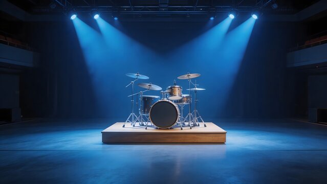 Drum set on stage with blue lights