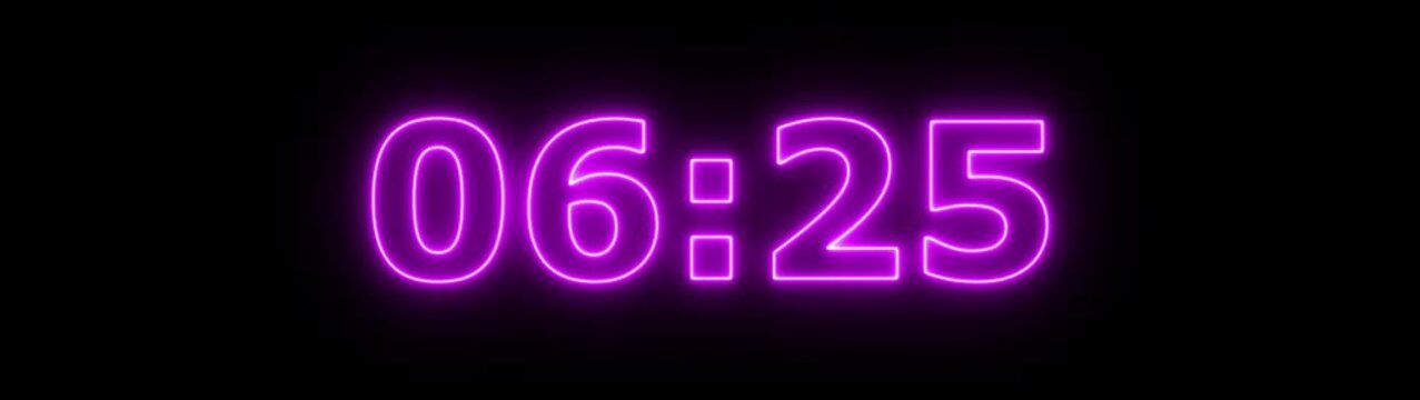 Abstract glowing neon 7 minute countdown animation from 420 seconds to 0 seconds on a black background.Neon three minute countdown timer.