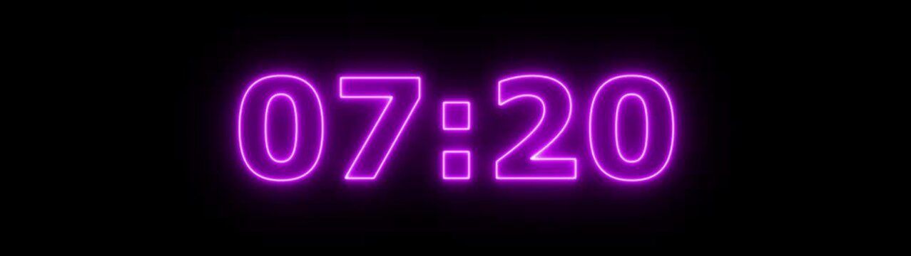 Abstract glowing neon 8 minute countdown animation from 480 seconds to 0 seconds on a black background. Neon three minute countdown timer.