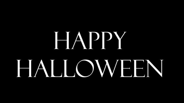 Two cheerful cartoon ghosts appear, rotate playfully, and then merge into one happy ghost before dissolving to reveal happy halloween text in spooky motion graphic.