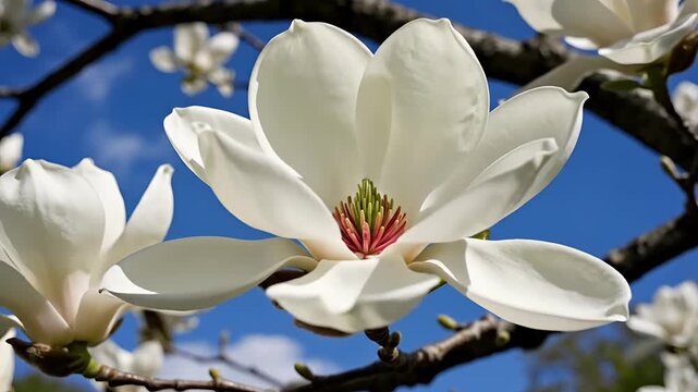 Beautiful White Magnolia Flowers Blooming on a Sunny Spring Day.