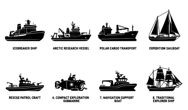 Polar exploration vessel silhouette vector set with arctic ships icebreakers and navigation boats
