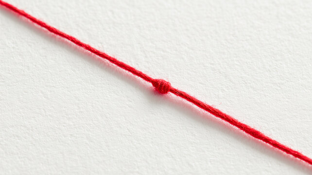 Close up of a thin red thread with a single small knot lying diagonally on a white textured paper background. Concept of fate, destiny, connection, problem or reminder