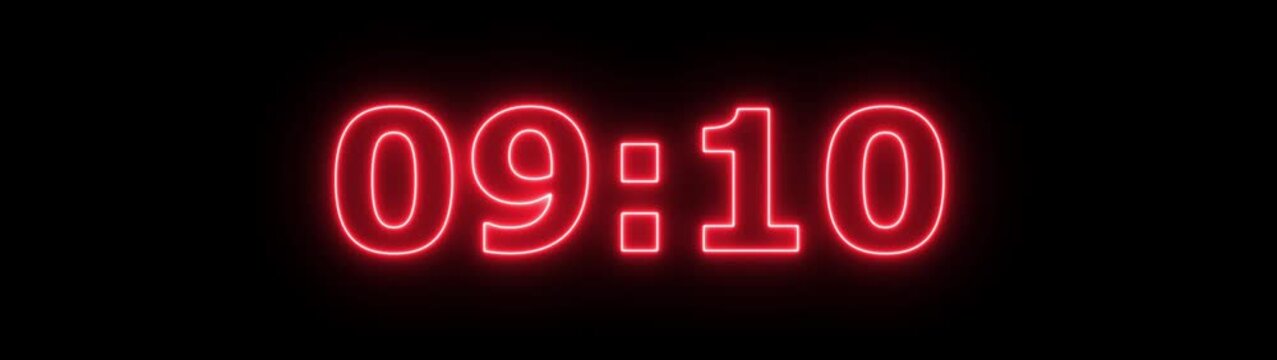 Abstract glowing neon 10 minute countdown animation from 600 seconds to 0 seconds on a black background. Neon three minute countdown timer.