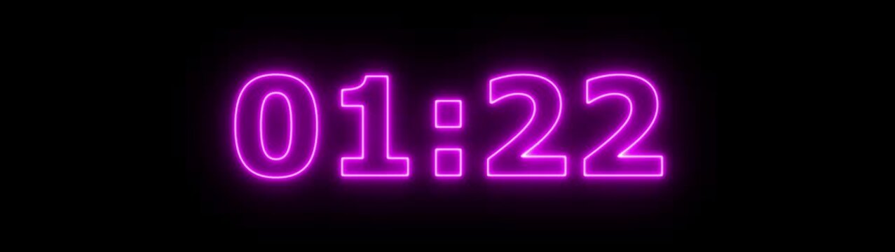 Neon 1 minute 30 second countdown animation from 90 seconds to 0 seconds on a transparent background, Neon One minute 30 second countdown timer with alpha channel 