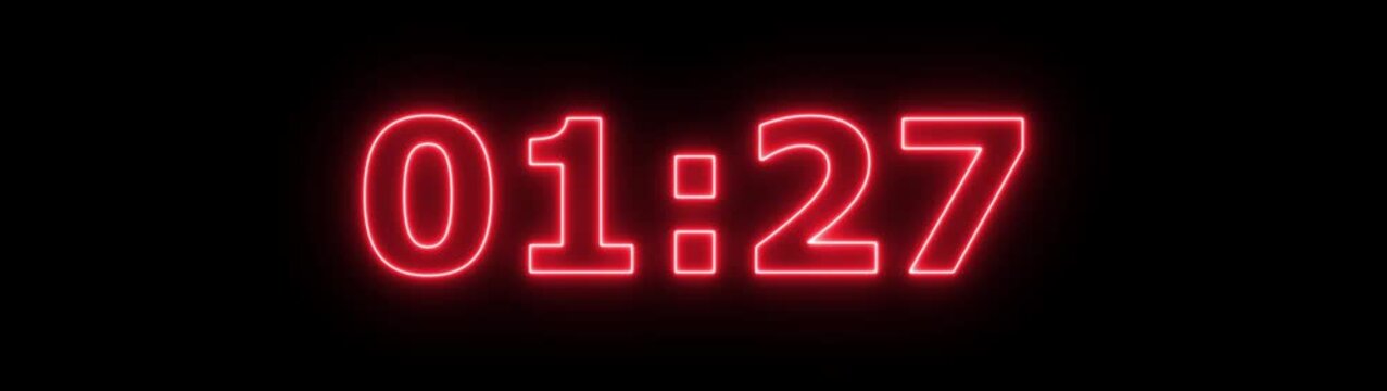 Neon 1 minute 35 second countdown animation from 95 seconds to 0 seconds on a transparent background, Neon One minute 35 second countdown timer with alpha channel 