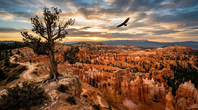 Eagle soaring over bryce canyon hoodoos at sunset with golden hour rock formations red rocks earth tones lonely tree wildlife outdoors