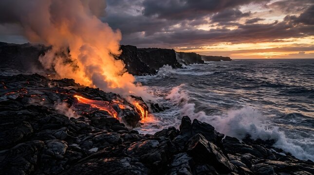Molten lava flowing into the ocean with crashing waves and volcanic coastline black rock power of nature eruption natural phenomenon coastline