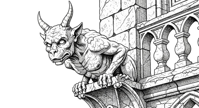 Gargoyle statue on Gothic building ledge.