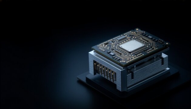 "High-end realistic shot of a humanoid robot micro nuclear power cell chipset with intricate circuits, copy space for text"