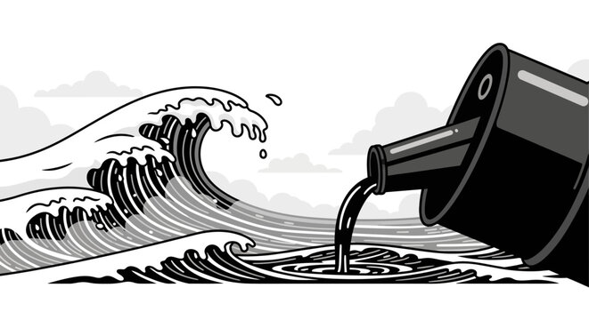 Pollution concept with oil pouring into ocean wave.