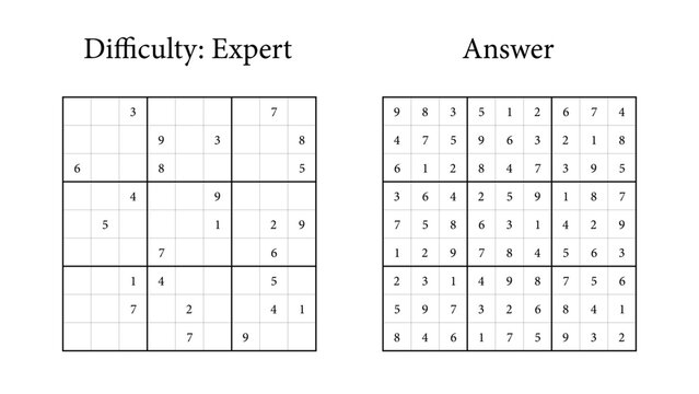Expert Sudoku puzzle grid with solution on white background  
