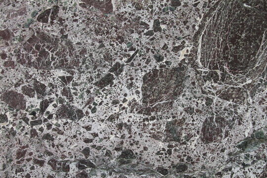 Close-up of polished breccia marble with dark green, burgundy, and white calcite veins. Natural stone texture for luxury interior, architecture, and design backgrounds.