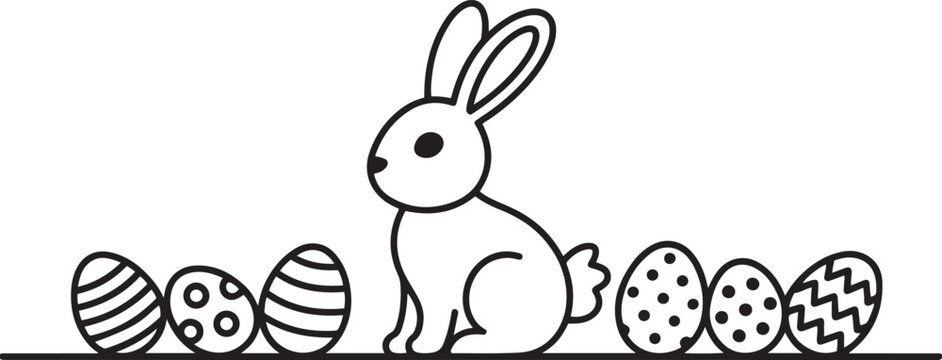 Easter bunny with easter eggs. Outline line art. Vector illustration for card, print, invitation. one line art icon drawing vector