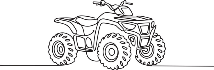 Single continuous line drawing powerful four-wheeled all-terrain vehicle (ATV). Rugged tires and handlebars. one line art icon drawing vector © mst
