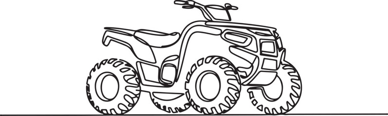 Single continuous line drawing powerful four-wheeled all-terrain vehicle (ATV). Rugged tires and handlebars. one line art icon drawing vector © mst