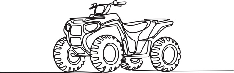 Single continuous line drawing powerful four-wheeled all-terrain vehicle (ATV). Rugged tires and handlebars. one line art icon drawing vector © mst