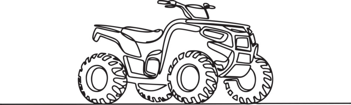 Single continuous line drawing powerful four-wheeled all-terrain vehicle (ATV). Rugged tires and handlebars. one line art icon drawing vector