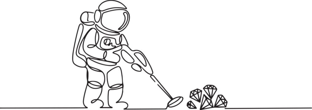 astronaut with metal detector looking for pile of diamonds. Spaceman hunter finding precious stone. Cosmonaut outer space. one line art icon drawing vector