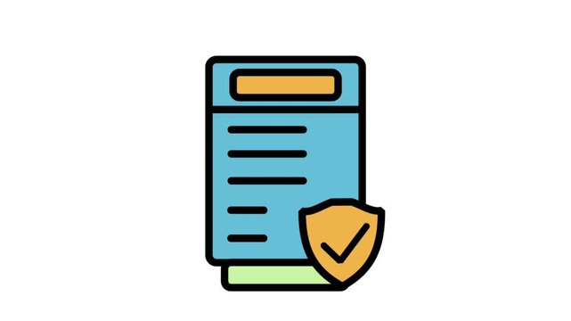 Animated financial report folder document icon protected by a secure data privacy shield element.