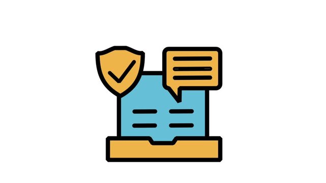 Animated secure communication open box mail icon featuring a message chat bubble and shield.