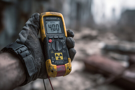 Hand Holding Geiger Counter Showing High Radiation Level