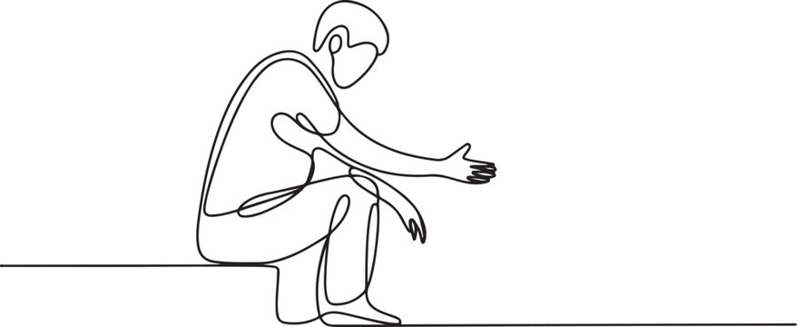 A homeless man asks for money on the street. one line art icon drawing vector
