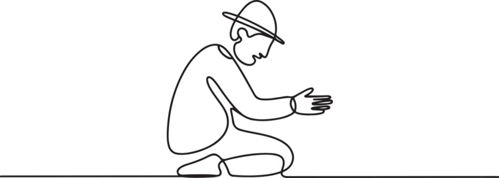 A homeless man asks for money on the street. one line art icon drawing vector