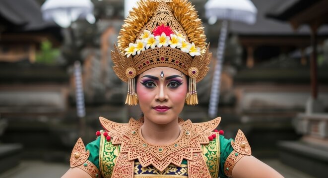 Portrait of a Balinese dancer, Bali Indonesia, wearing Legong dance costume and large golden crown with flowers, solemn expression
