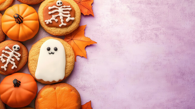 Halloween cookies with ghost and skeleton icing decorations surrounded by pumpkins and autumn leaves on purple background