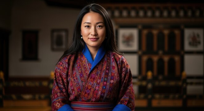Portrait of a Bhutanese woman, Bhutan, wearing a kira dress with complex woven geometric patterns, serene, sweet and welcoming expression