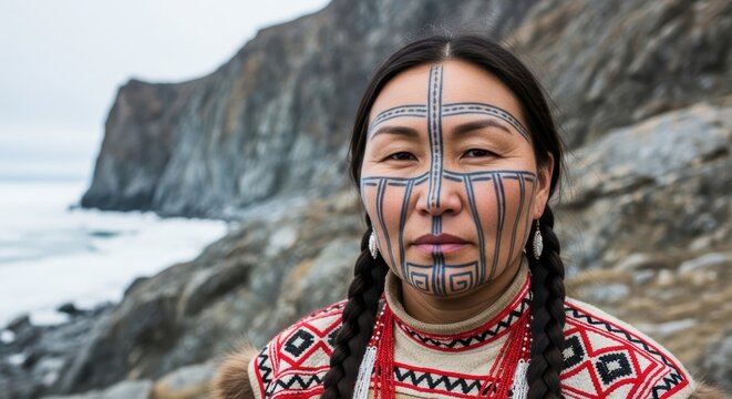 Portrait of a Chukchi woman with traditional geometric facial tattoos wearing ethnic siberian dress
